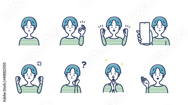 Fototapeta 若い女性の表情とジェスチャーのイラスト素材セット