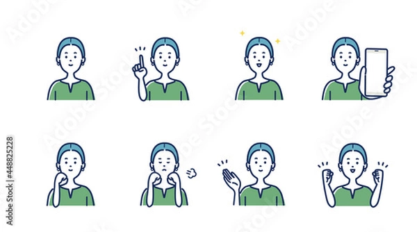 Fototapeta 若い女性の表情とジェスチャーのイラスト素材セット