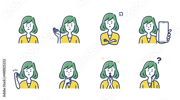 Fototapeta 若い女性の表情とジェスチャーのイラスト素材セット
