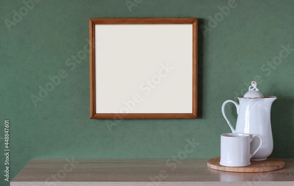 Fototapeta kitchen mockup, a large wooden frame on a green wall