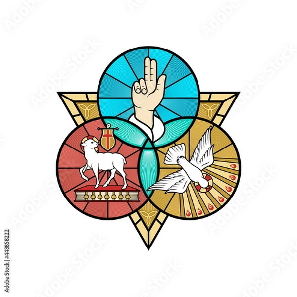 Obraz Christian illustration. The magnificent seal of the Holy Trinity: God the Father, God the Son and God the Holy Spirit. Indication of the symbols of the eternity of God - alpha and omega.