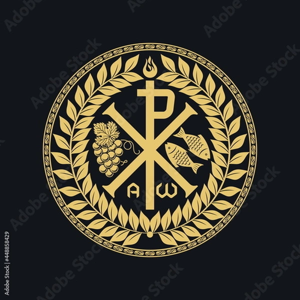 Obraz Christian illustration. Monogram of Jesus Christ - Chrismon. The fish and the bunch of grapes are symbols of Christ and spiritual life. Alpha and omega symbols of eternity.