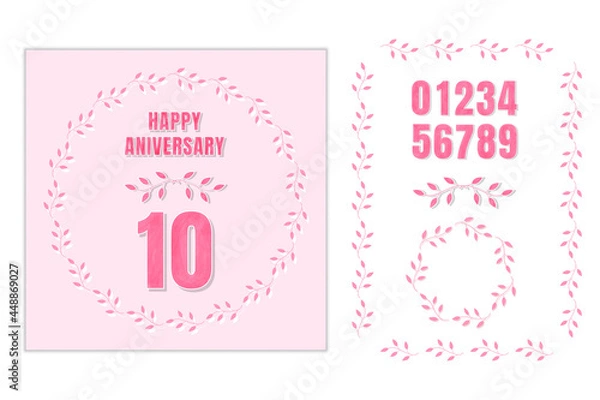 Fototapeta Happy Anniversary Card Set with Decorative Elements and Brush. Watercolor Effects.