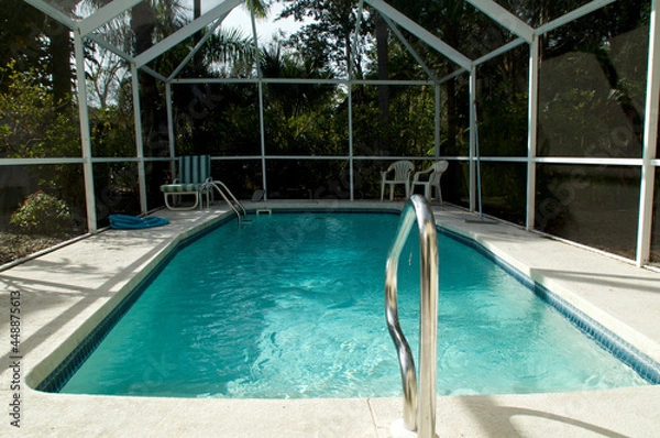 Obraz A simple screened-in swimming pool in Florida surrounded by trees