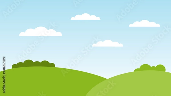 Fototapeta landscape cartoon scene with green hills and white cloud in summer blue sky background with copy space