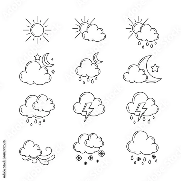 Fototapeta Set of Weather vector illustration with simple hand drawn sketching style