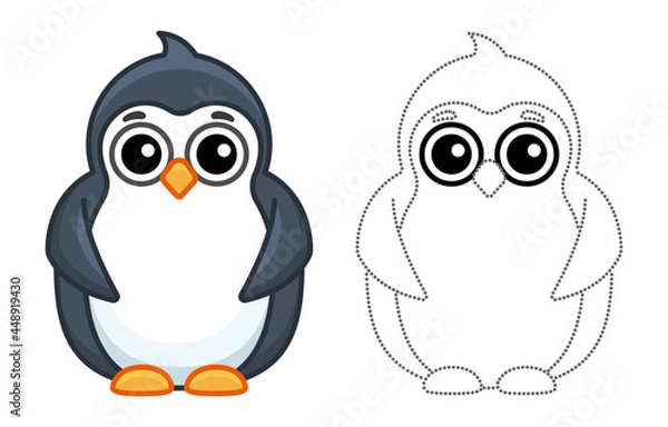 Fototapeta Zoo animal for children coloring book. Funny penguin in a cartoon style. Trace the dots and color the picture