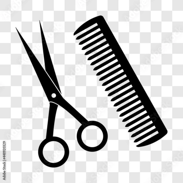 Fototapeta Scissors and comb icon. Barber shop hairstyling equipment symbol isolated on white background. Vector illustration.