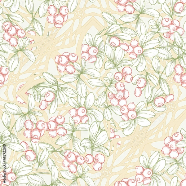 Fototapeta Cranberry in a decorative imitation of a wicker basket made of twigs. Seamless pattern, background. Graphic drawing, engraving style. Vector illustration in soft colors..