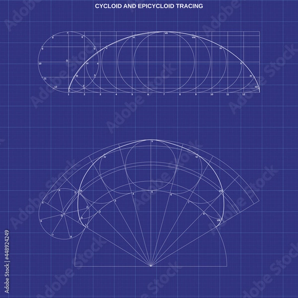 Fototapeta cycloid and epicycloid tracing on technic background