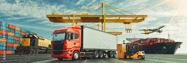 Fototapeta Transport systemowy i logistyka kontenerowego kontenera statku i samolotu ładunkowego. Renderowanie i ilustracja 3D.