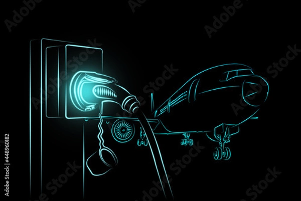 Fototapeta Illustration sketch light blue color outline shape of electric aircraft charger station with plug power cable supply and passenger or cargo airplane isolated on black background