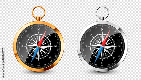 Obraz Realistic silver, golden vintage compass with marine wind rose and cardinal directions of North, East, South, West. Shiny metal navigational compass. Cartography and navigation. Vector illustration.