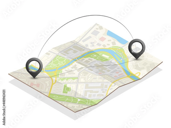 Obraz Isometric city map navigation, point markers background, 3d flat isometry drawing schema, 3D simple city plan GPS navigation, final destination arrow paper city map. Route delivery check point graphic