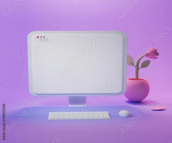 Fototapeta desktop with PC, keyboard and flowerpot. SEO Optimization, web analytics and seo marketing concept. 3d render illustration