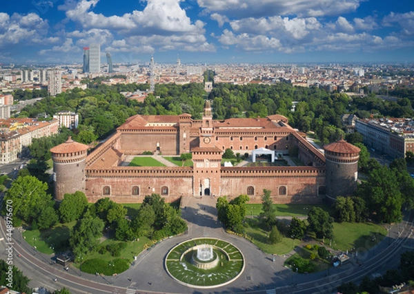 Fototapeta Castello Sforzesco aerial view. Top view of Sforzesco castle in Milan Italy. The main Italian castle in Milan. The residence of the Sforza dynasty of Milan in the center of Milan.