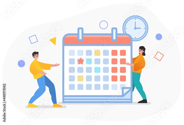 Obraz Schedule planner, work and time management. Two cheerful people stand near big calendar. Modern vector illustration