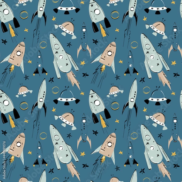 Fototapeta Seamless vector space pattern with rockets, stars for different kids design