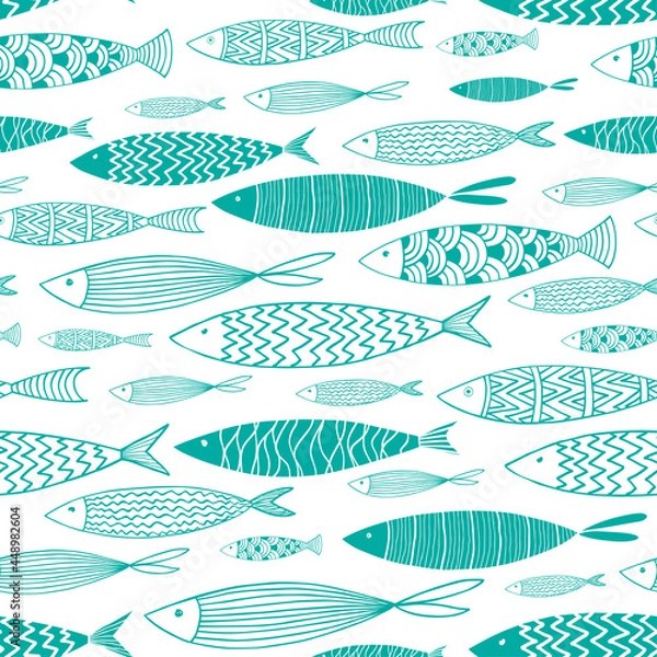 Fototapeta Seamless pattern with turquoise fish on a white background