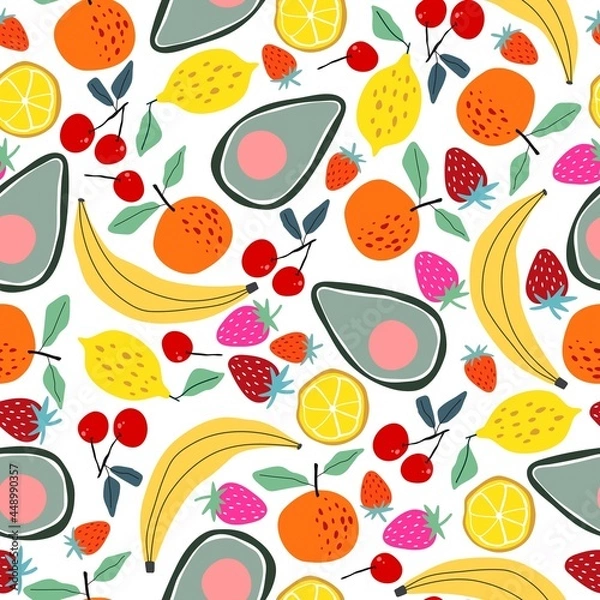 Fototapeta Seamless pattern with berries, fruits and vegetables. Avocado, watermelon, lemon, banana, orange, strawberry, cherry, apple. A bright illustration for application on fabric, paper, for posters and dec