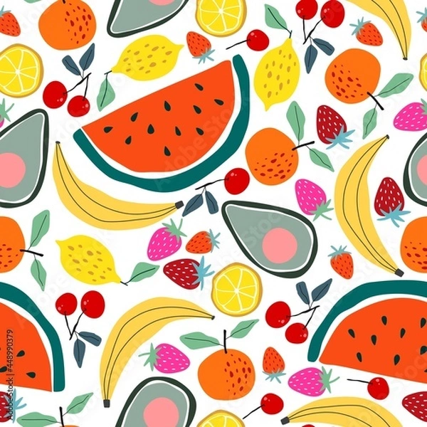 Fototapeta Seamless pattern with berries, fruits and vegetables. Avocado, watermelon, lemon, banana, orange, strawberry, cherry, apple. A bright illustration for application on fabric, paper, for posters and dec