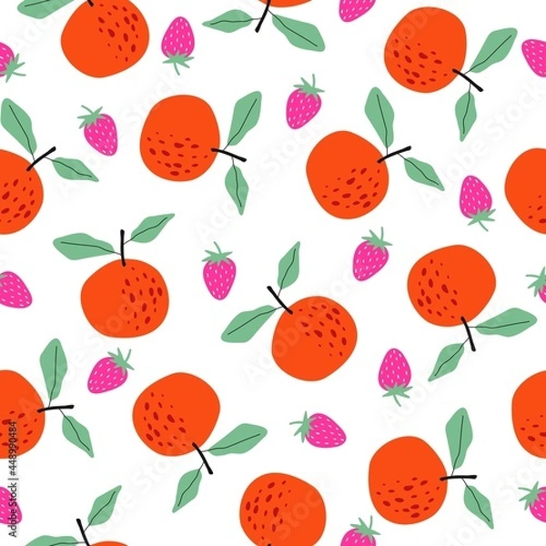 Fototapeta Seamless pattern with berries and fruits. Apple, orange, banana, strawberry, lemon. For application on fabric, paper, for a poster or decor