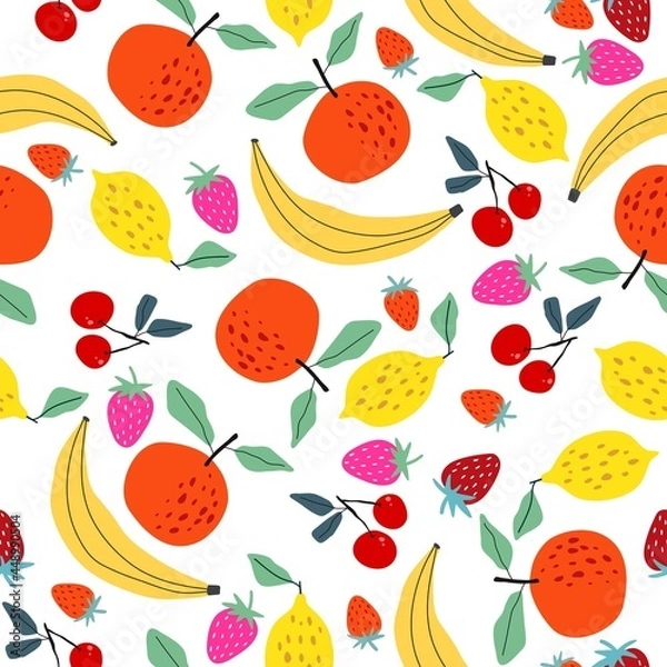 Fototapeta Seamless pattern with berries and fruits. Apple, orange, banana, strawberry, lemon. For application on fabric, paper, for a poster or decor