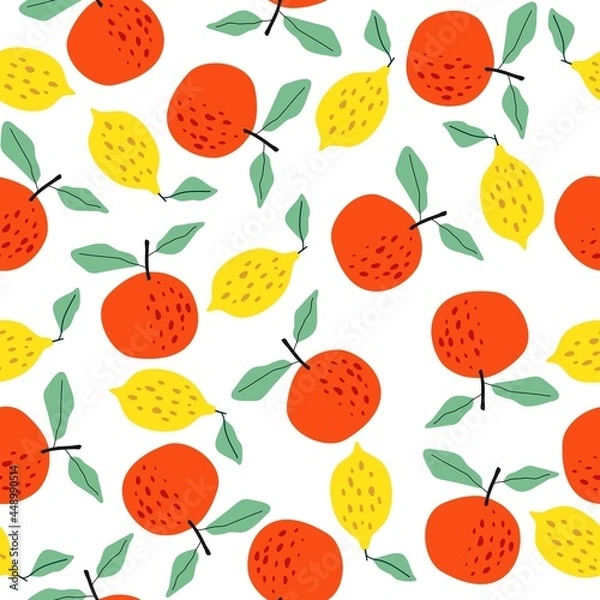 Fototapeta Seamless pattern with berries and fruits. Apple, orange, banana, strawberry, lemon. For application on fabric, paper, for a poster or decor