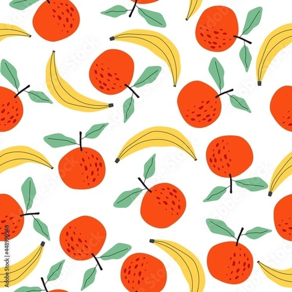 Fototapeta Seamless pattern with berries and fruits. Apple, orange, banana, strawberry, lemon. For application on fabric, paper, for a poster or decor