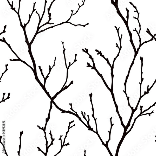 Fototapeta Mysterious black bare branches seamless pattern isolated on a white background. Dead dry tree. Fashion monochrome wallpaper design. Abstract fabric texture. Halloween decor. Fall and winter nature