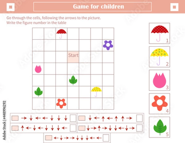Fototapeta  A game for children. Development of spatial thinking. Go through the cells, following the arrows to the picture. Mark the figure number in the table