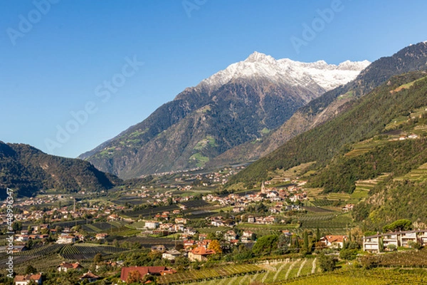 Obraz Panoramic view of Merano in Italy with mountains in background.