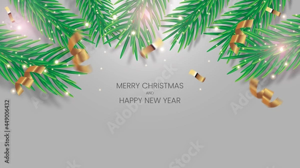 Fototapeta Merry Christmas and Happy New Year Banner. Light Grey Background. Christmas Lights and Sparkles with Serpentine and Confetti 