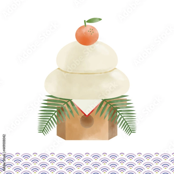 Obraz 日本のお正月に飾る縁起の良い鏡餅と和柄。水彩画のベクターイラスト。年賀状に最適。
