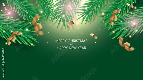 Fototapeta Merry Christmas and Happy New Year Banner. Green Background. Christmas Lights and Sparkles with Serpentine and Confetti 