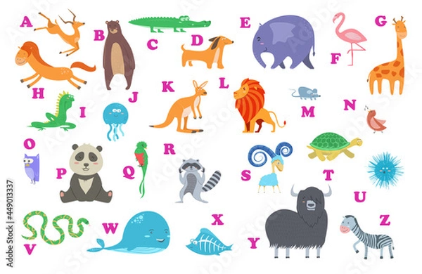 Fototapeta alphabet, wild animals, livestock, icon set, antelope, flamingo, horse, kangaroo, jellyfish, nightingale, x-ray, fish, mouse, shark, frog, crab, cancer, turtle, snake, dog, sheep, whale, zebra, giraff