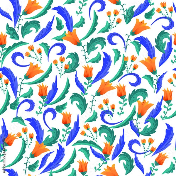 Fototapeta vector seamless pattern from flowers and insects. bright ornament orange flowers. decorative background for fabric and decoration of things