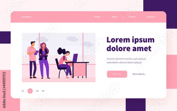 Obraz People standing in line to use laptop computer. Window, desk, job flat vector illustration. Communication and digital technology concept for banner, website design or landing web page