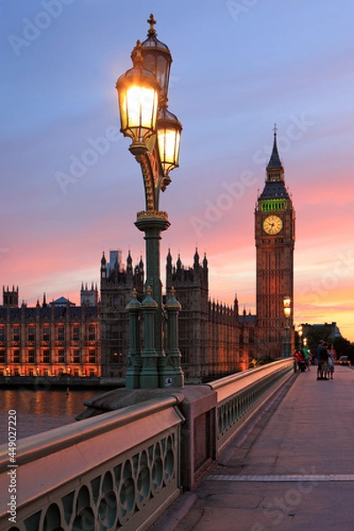 Fototapeta Palace of Westminster at dusk, viewed from across the river Thames, London, UK