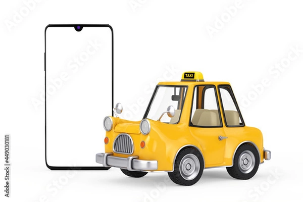 Fototapeta Yellow Cartoon Taxi Car near Modern Mobile Phone with Blank Screen for Your Design. 3d Rendering