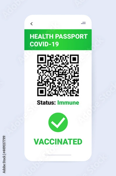 Fototapeta digital immunity passport with qr code on smartphone screen risk free covid-19 pandemic pcr certificate