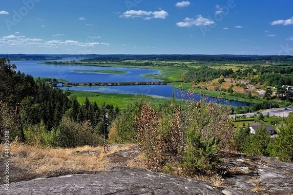 Obraz View of summer Karelia from height of hillfort on Mount Paaso near town Sortavala
