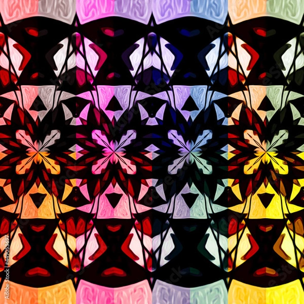 Fototapeta Geometric pattern on abstract background, colorful decorative art, greeting card template, graphic design illustration wallpaper, stained glass windows