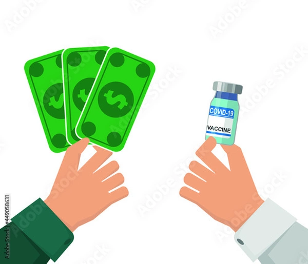 Fototapeta Money and vaccine ampoule in hand. Vector illustration flat design. Isolated on white background.