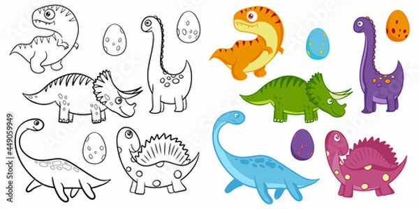 Fototapeta Set of cartoon dinosaurs for coloring. Black and white vector illustration. Children's educational game. Flat cartoon style.