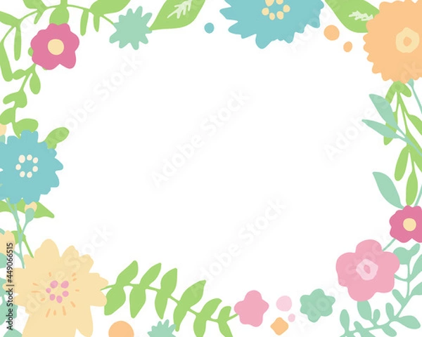 Fototapeta 手書きタッチの草木と花。春カラーの花と草木のイラストフレーム。