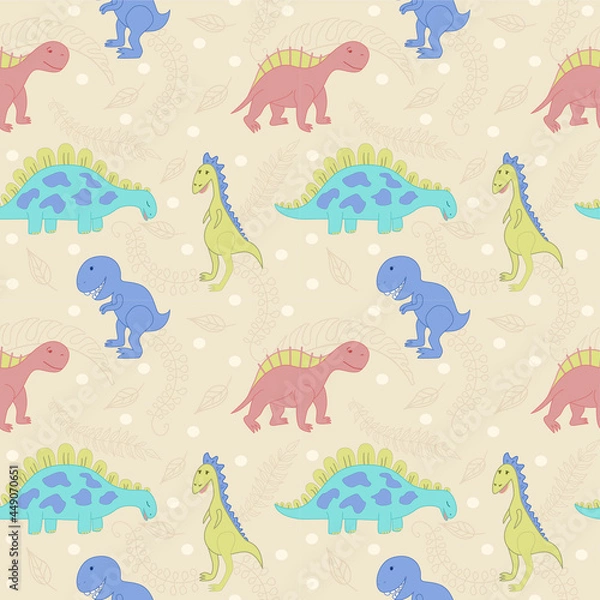 Obraz Seamless vector pattern with cartoon dinosaurs and leaves. Cute hand-drawn dinosaurs. Pattern for baby bedding, wrapping paper
