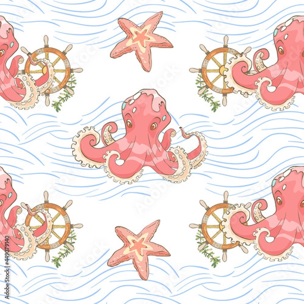 Obraz Seamless pattern with hand drawn octopus, wheel and waves. Vector illustration