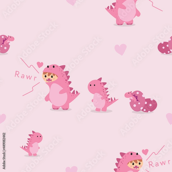 Fototapeta pink dino hatched from egg with another pink dinosaur walking fabric pattern