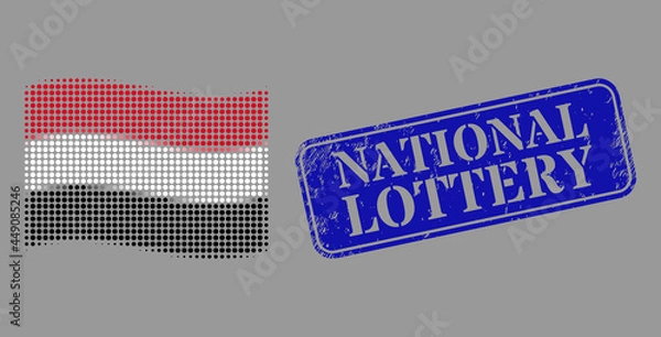 Fototapeta Pixelated halftone waving Yemen flag icon, and National Lottery dirty rectangle seal print. Vector halftone concept of waving Yemen flag icon made of round points.